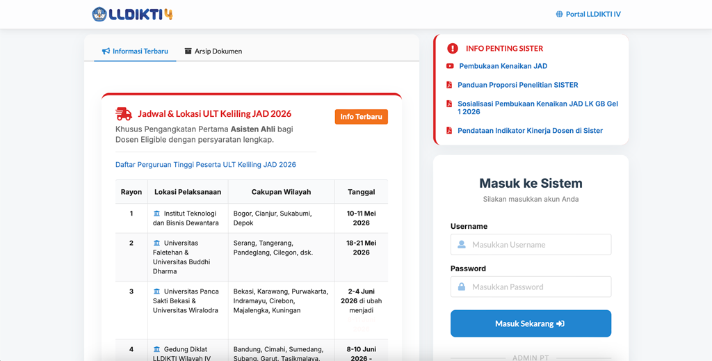 Sistem Informasi Jabatan Akademik Dosen (JAD) Online LLDIKTI Wilayah IV